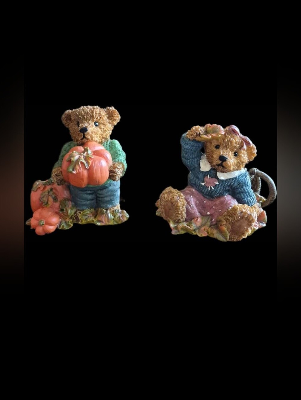🍁 Vintage Home Interiors Thank You Bears – Fall Pumpkin Figurines – Set of 2
